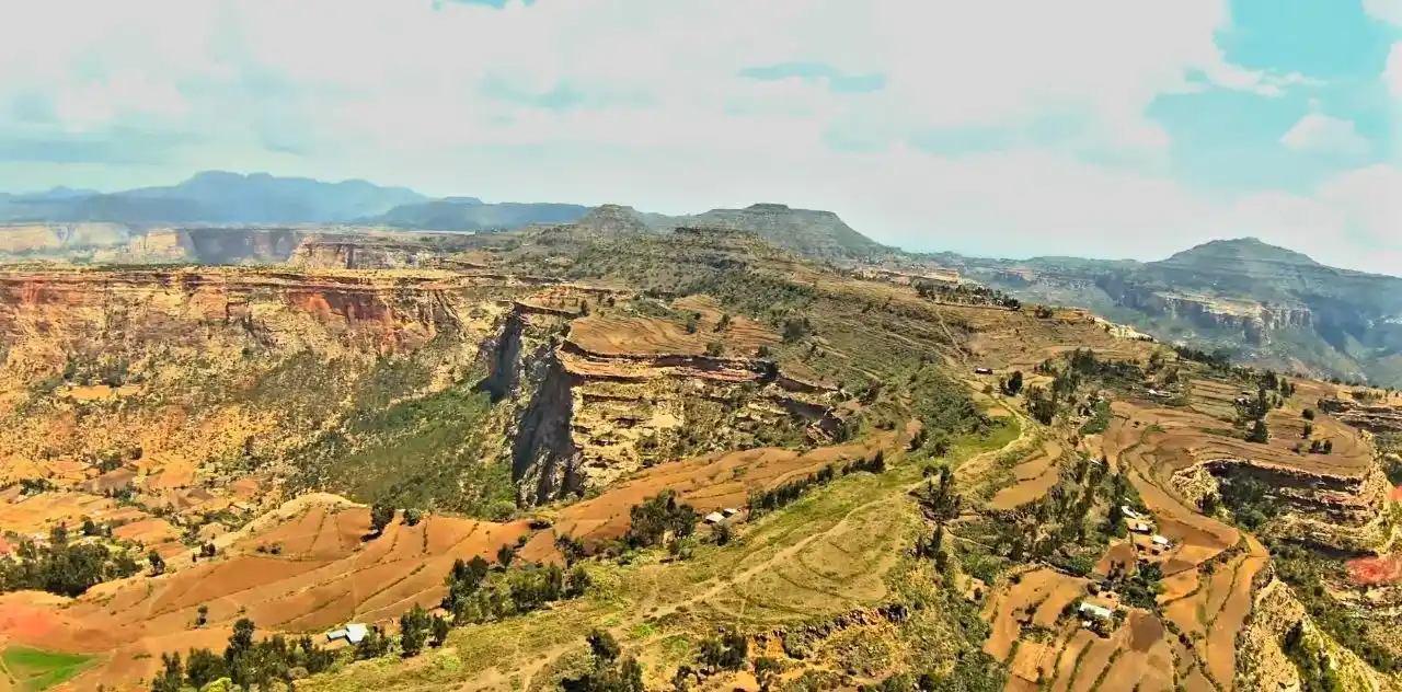 Aerial view of terraced highlands surrounding Adigrat in the Agame Mountains, Tigray