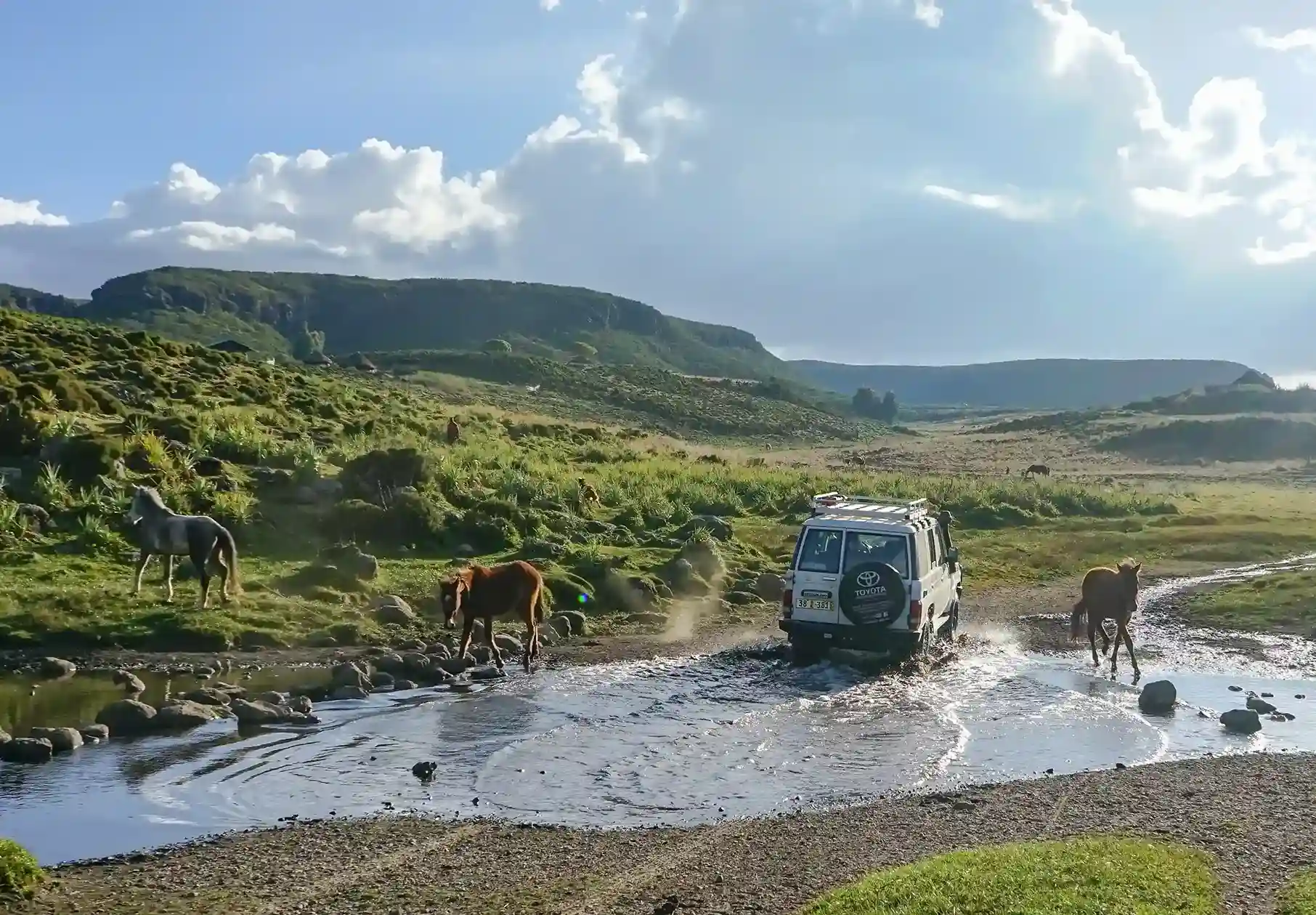 4x4 vehicle crossing a highland stream in Bale Mountains National Park, Ethiopia