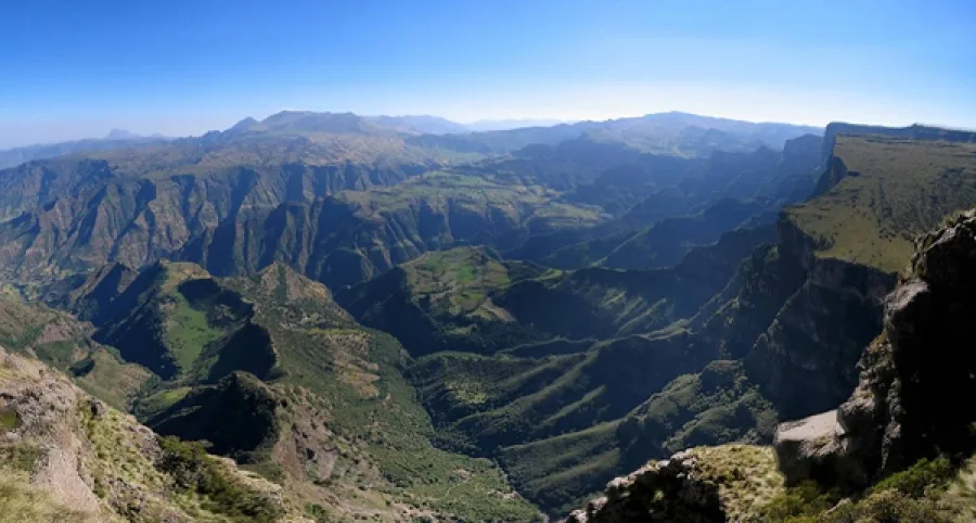 Panoramic view of the Simien Mountains canyon and highland valley, Ethiopia