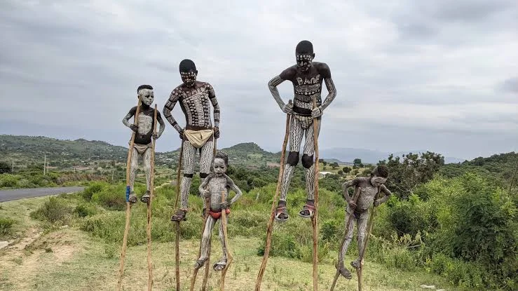 Suri tribe stilt walkers performing a traditional dance in the Omo Valley, Ethiopia